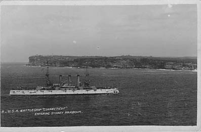 US battleship Connecticut enters Harbour in 1908. South Head in background