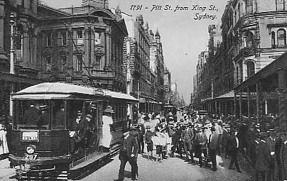 Pitt St at King St crowded trams en route to Railway. c1910